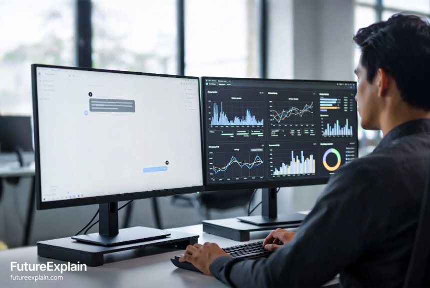 A professional evaluating an AI's performance using a chat interface and an analytics dashboard.