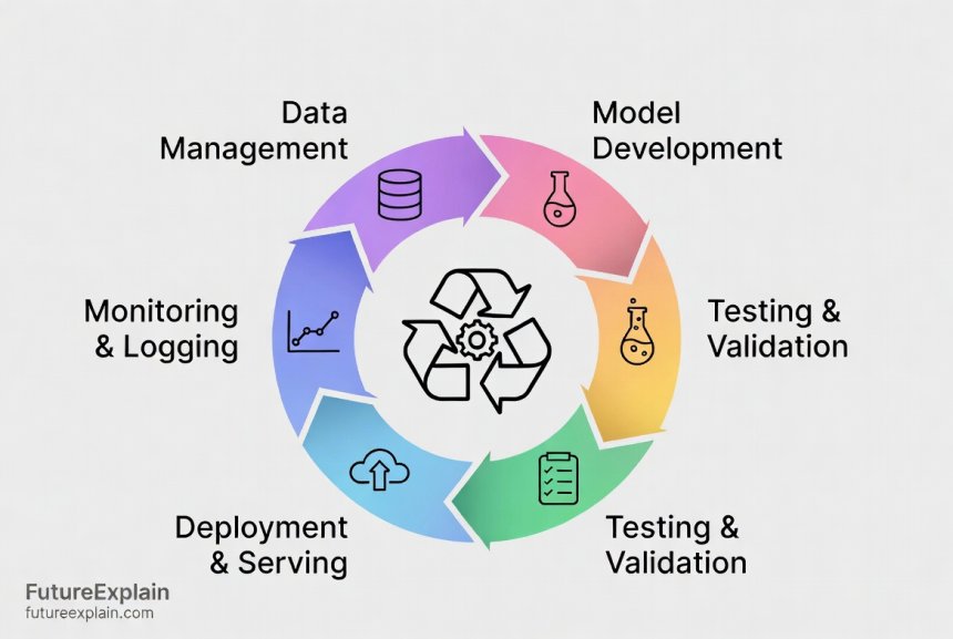 An infographic showing a circular MLOps lifecycle with arrows connecting the stages: Data Management, Model Development, Testing & Validation, Deployment & Serving, Monitoring & Logging, and back to Data Management.