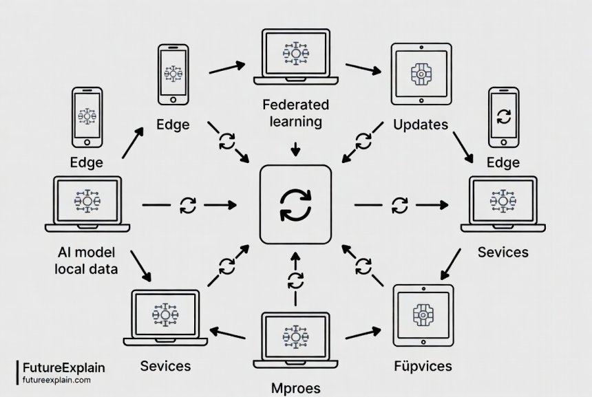 Illustration of federated learning workflow where devices collaborate without sharing raw data