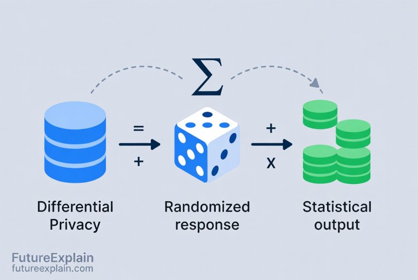 Diagram explaining how differential privacy adds mathematical noise to protect individual data points