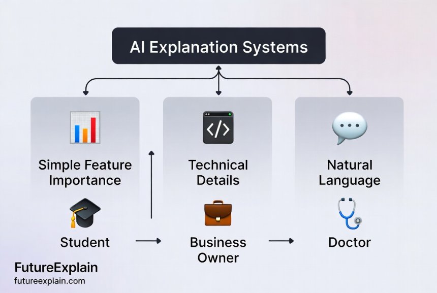 Flowchart showing different types of AI explanations for various user needs