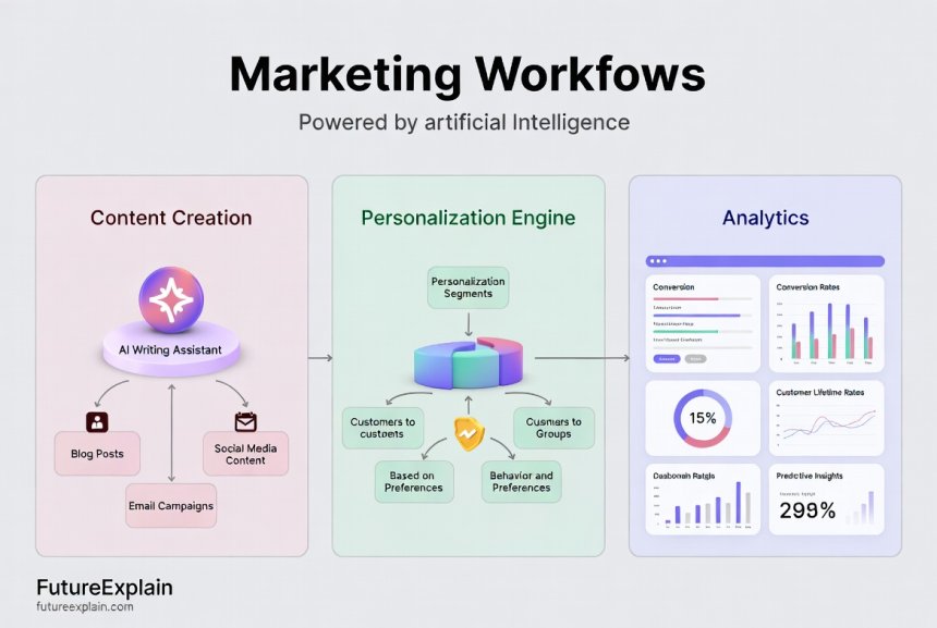 Illustration of three interconnected AI marketing workflows: content creation, personalization, and analytics