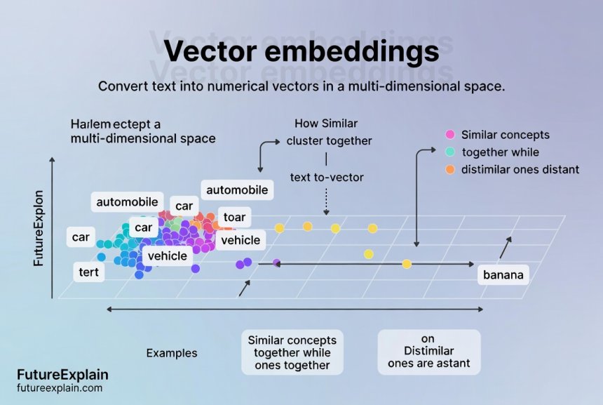 Infographic explaining how vector embeddings convert text into numerical representations in multi-dimensional space