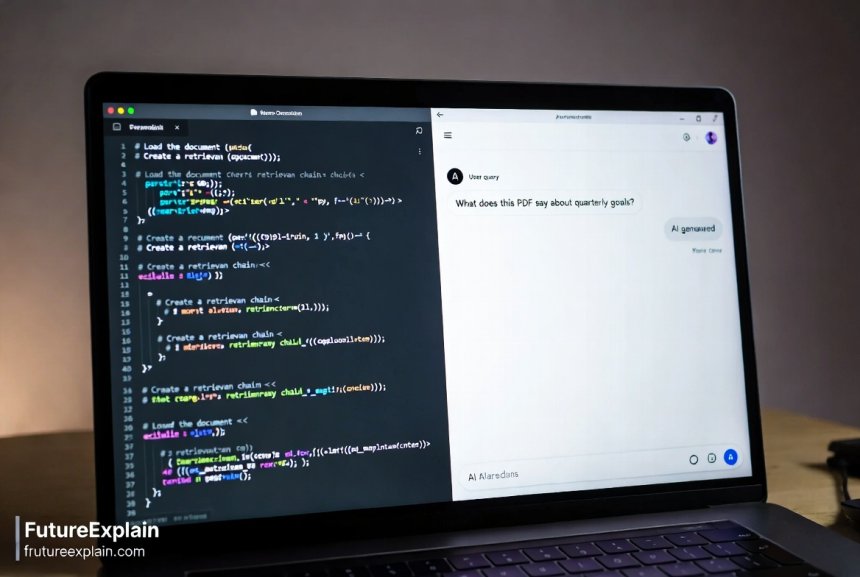 Comparison between the Python code for a LangChain app and the resulting simple chat interface.