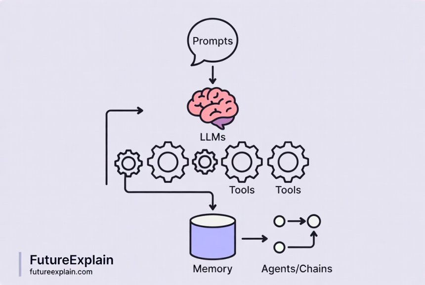 A simple diagram explaining the main parts of LangChain: Prompts, LLMs, Tools, Memory, and Agents.