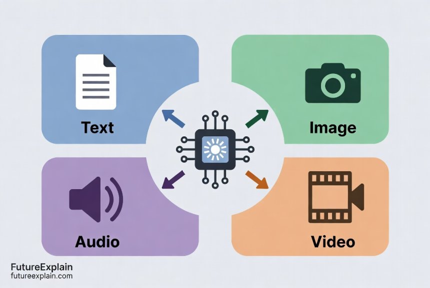 Diagram illustrating how different AI modalities - text, image, audio, and video - work together in multimodal systems