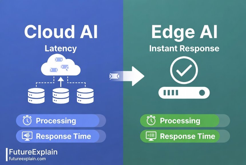 Comparison diagram showing cloud AI vs edge AI processing workflows