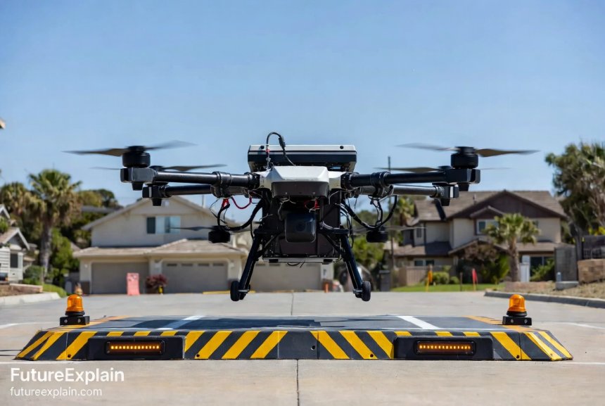 Autonomous delivery drone safely landing at designated delivery pad with safety features visible