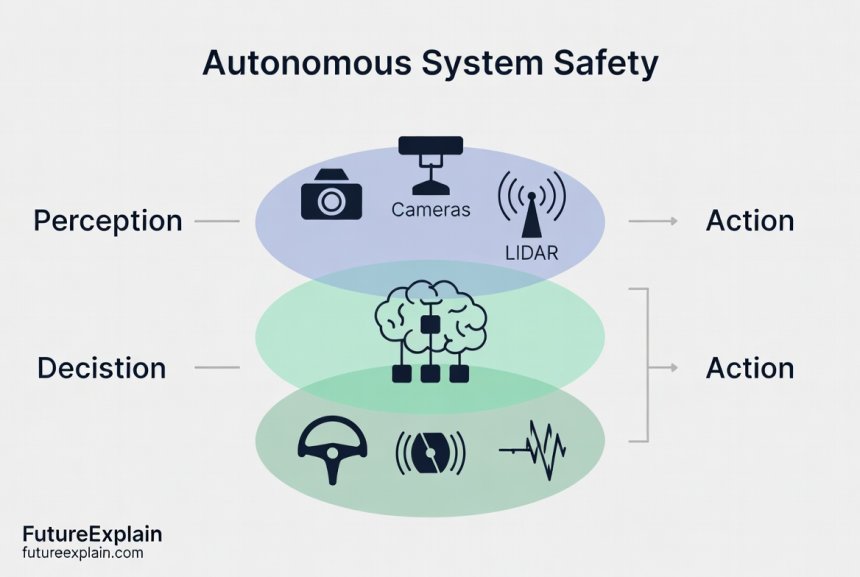 Infographic showing three layers of autonomous system safety: perception, decision, and action