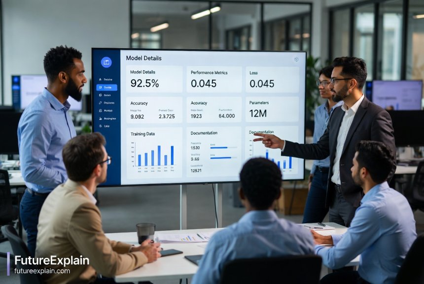 Diverse team collaborating on AI model documentation at digital screen