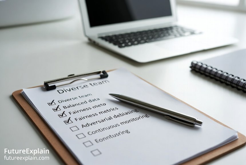 A checklist on a clipboard detailing steps for managing model bias in AI projects.