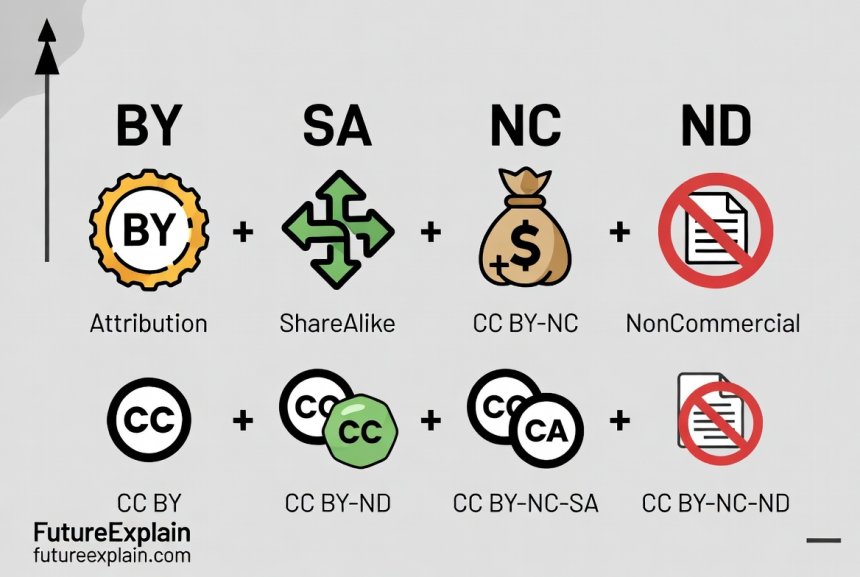 An infographic simply explaining the symbols and combinations of Creative Commons licenses