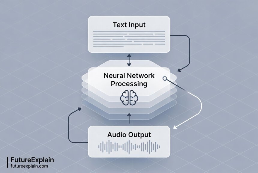 Illustration of text-to-speech API architecture showing text processing through neural networks to generate speech