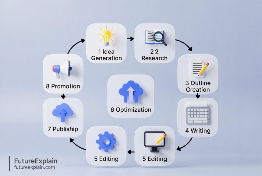 Circular diagram illustrating the eight stages of AI-powered blogging workflow from idea to promotion