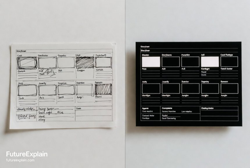 A comparison between a traditional hand-drawn storyboard and a modern, clean AI-generated digital storyboard.