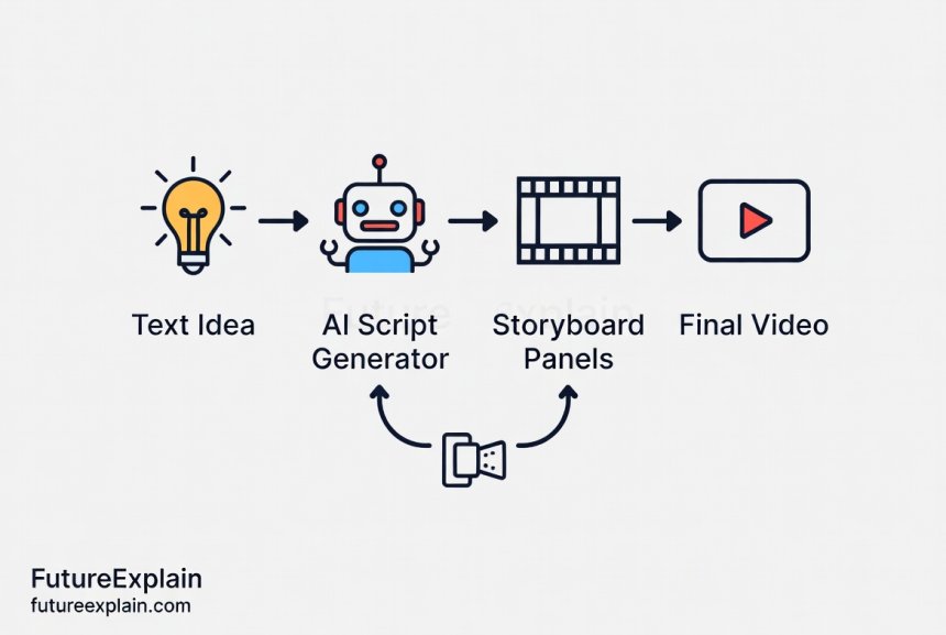 A diagram illustrating the simple workflow of using AI to turn a text idea into a video script and storyboard.