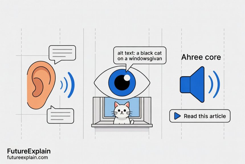 An infographic illustrating three key AI accessibility tools: live captioning, automatic alt text, and text-to-speech.
