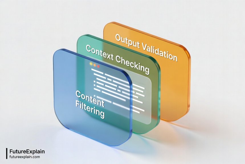 Diagram showing multiple layers of AI guardrails including filtering, context checking, and output validation