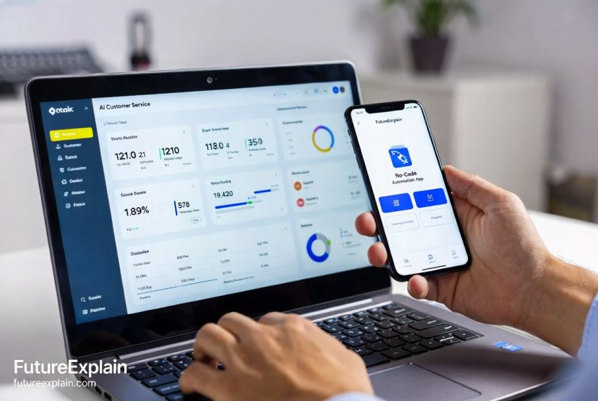Hands using a laptop with an AI tool dashboard and a smartphone with a no-code app, showing practical AI management.