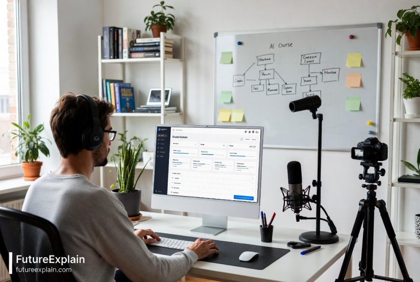 Content creator developing AI education course with recording equipment and course planning materials