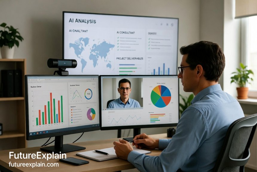 AI consultant providing services to clients through video calls and data analysis in modern home office