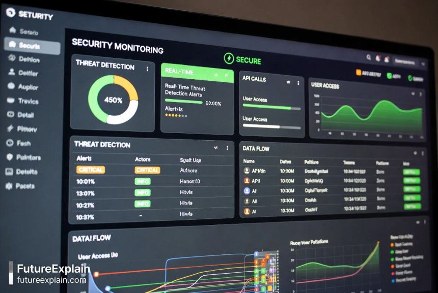Security monitoring dashboard for AI application showing threat detection and access logs