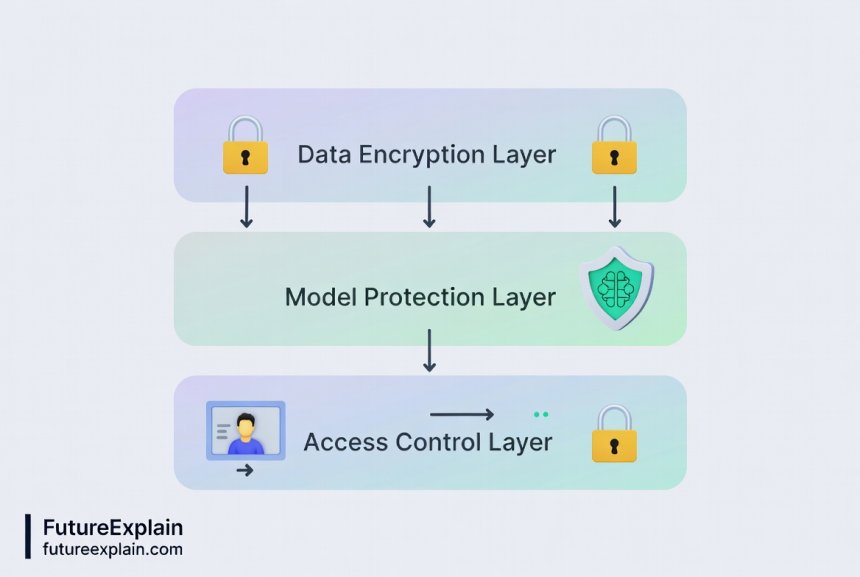 Illustration of three-layer AI security architecture showing data encryption, model protection, and access controls