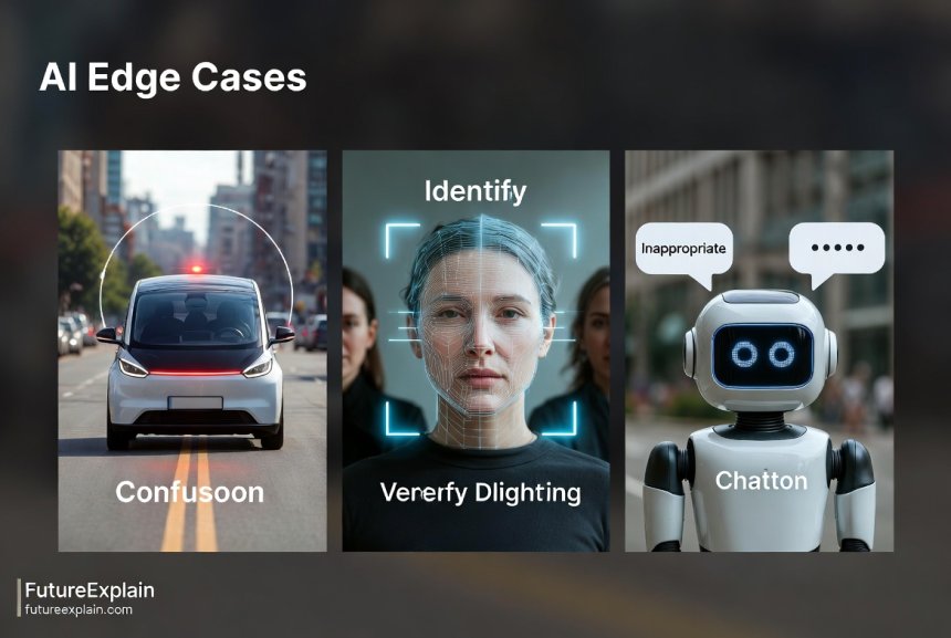 Three real-world examples of AI edge cases showing autonomous vehicle, facial recognition, and chatbot failures