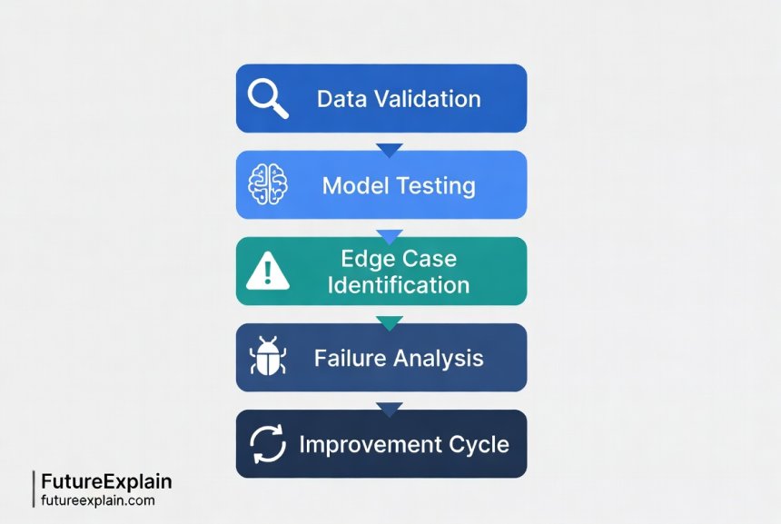 Flowchart diagram showing AI testing methodology stages from data validation to improvement cycle