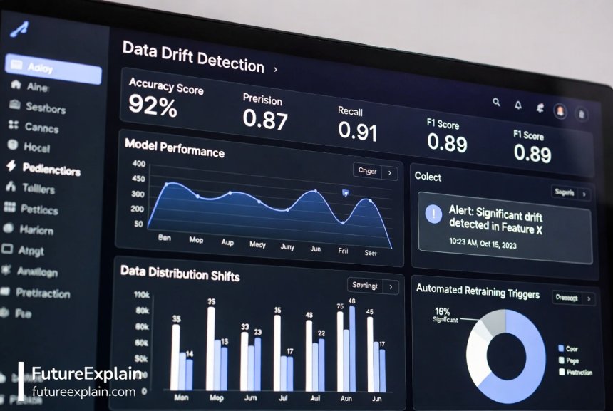 Monitoring dashboard showing data drift detection and model performance metrics with alerts