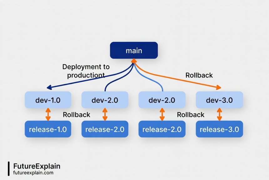 Version control branching diagram for AI models showing development, staging, and production deployment paths