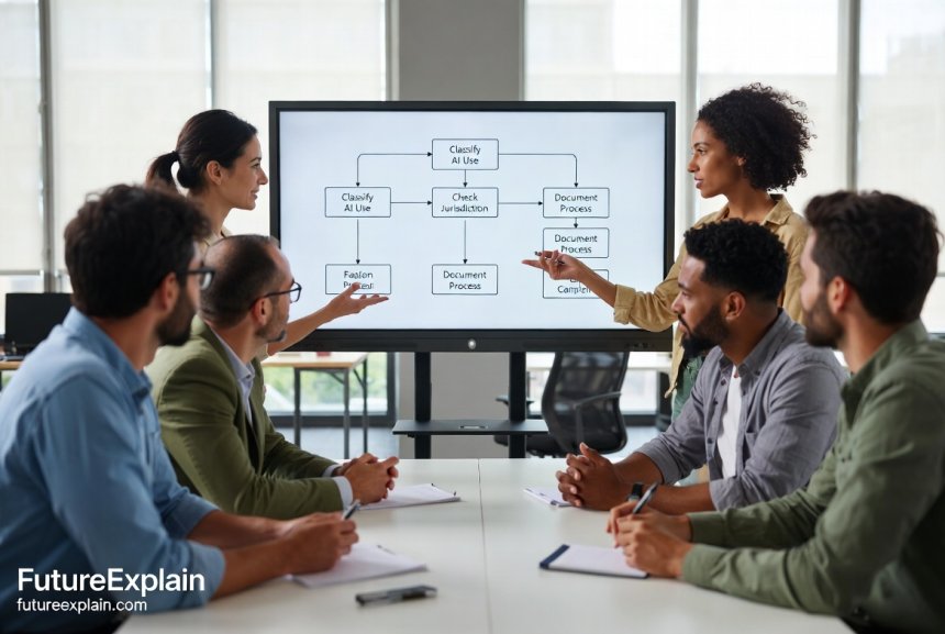 A diverse team in a modern office collaboratively working on an AI compliance strategy.