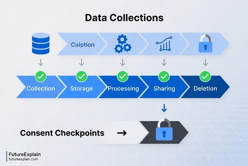 Infographic showing data collection lifecycle with consent checkpoints