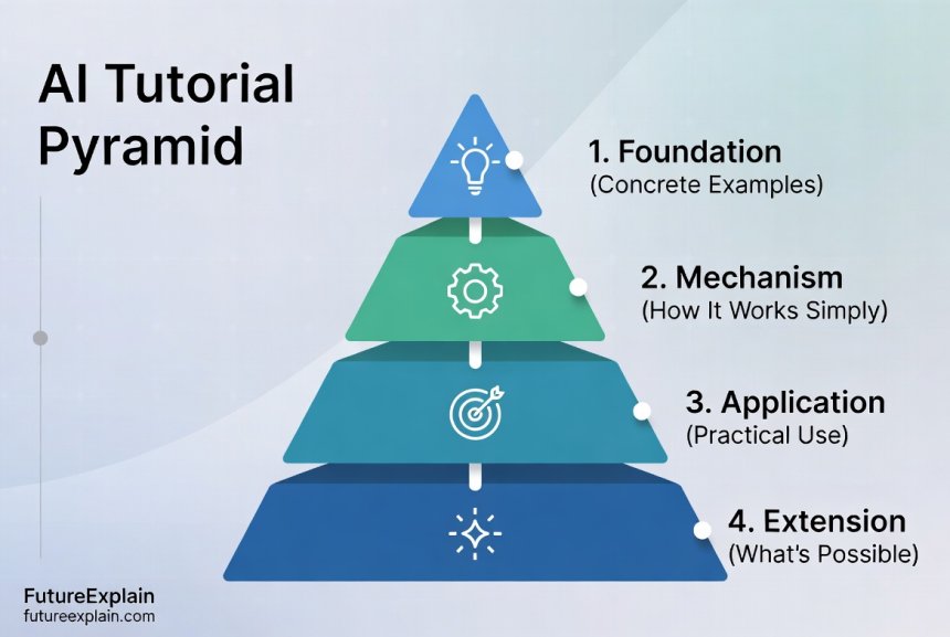 Visual diagram of the AI Tutorial Pyramid framework showing four levels of teaching AI concepts