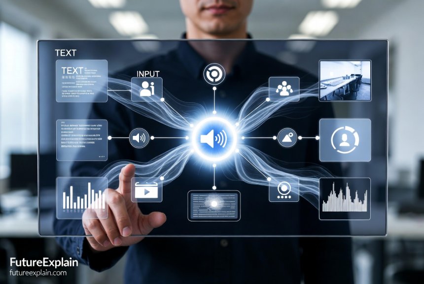A professional working at a modern desk,using a large computer monitor that displays a seamless interface blending text, images, audio controls, and video for multimodal AI processing.
