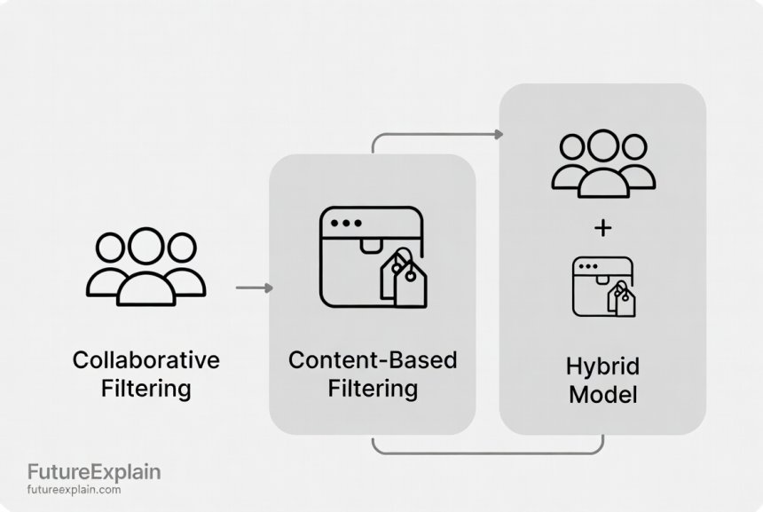 Visual explanation of collaborative, content-based, and hybrid AI recommendation systems.