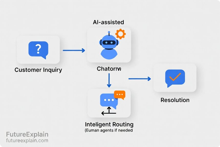 Workflow diagram showing AI-assisted customer support process from inquiry to resolution