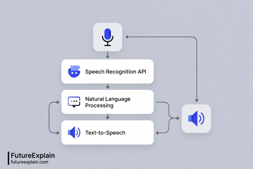 Architecture diagram of voice assistant system showing speech recognition, processing, and response generation flow