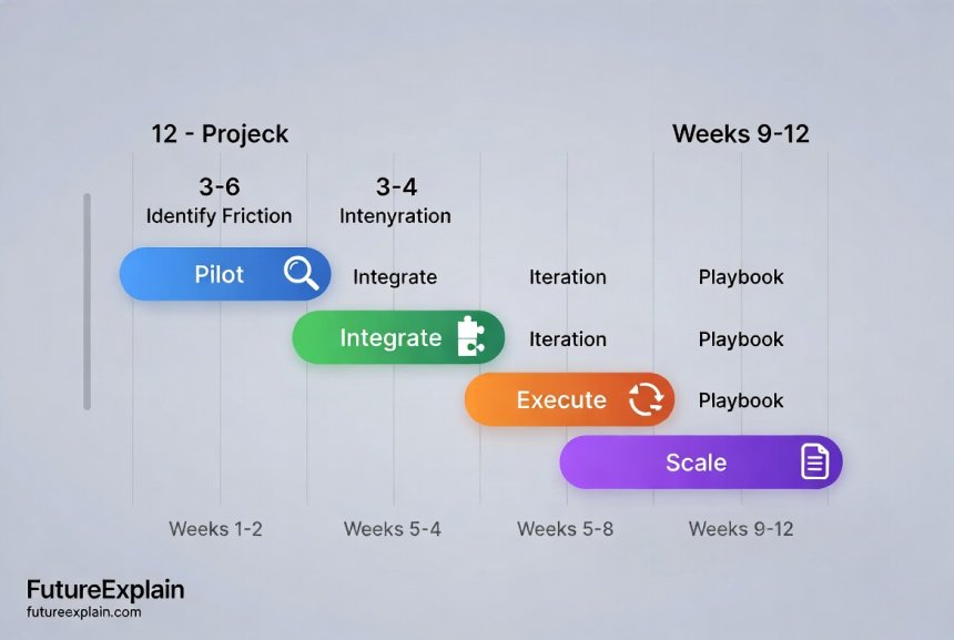 An infographic showing a 12-week roadmap for implementing AI collaboration tools, with phases for Pilot Selection, Integration, Execution, and Scaling.