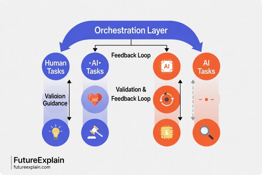 An infographic illustrating a Human-AI Collaboration Framework, showing a cyclical workflow between human and AI tasks.