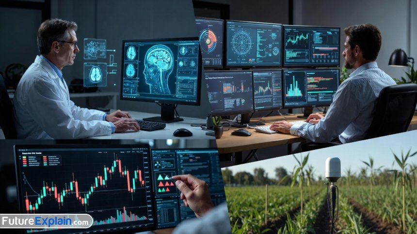 Collage showing four industry use cases for AI agents in healthcare, customer service, finance, and agriculture.