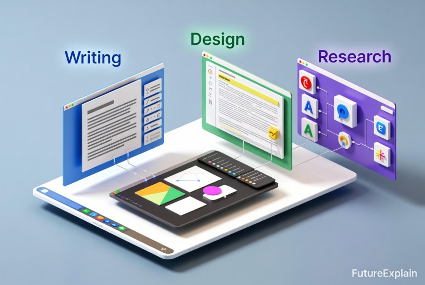 Organized digital workspace with multiple free AI tools working together harmoniously for different tasks.