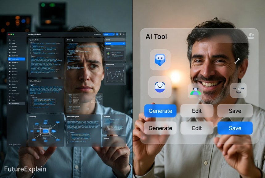 Comparison between complex technical interface and simple AI tool interface showing ease of use for beginners.