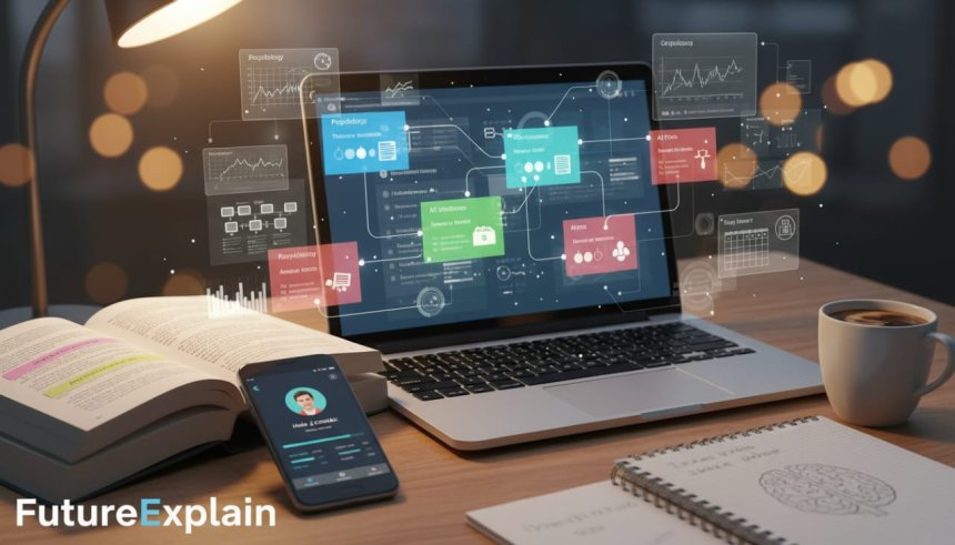 Student using AI-powered research tools and study assistants on laptop and smartphone