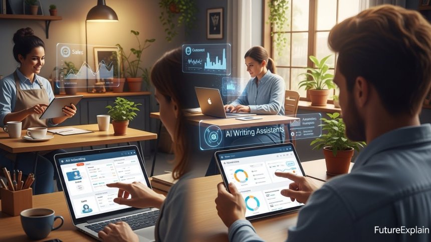 Retail business owner using AI inventory management, chatbot, and social media tools on multiple devices