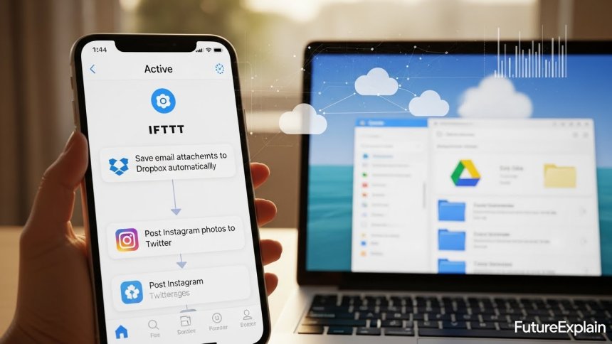 Smartphone and laptop showing automation connections between email, cloud storage, and social media apps