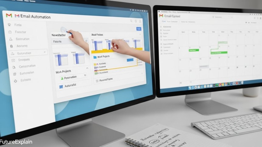Computer screen showing email automation setup with filters, labels, and scheduled sending options