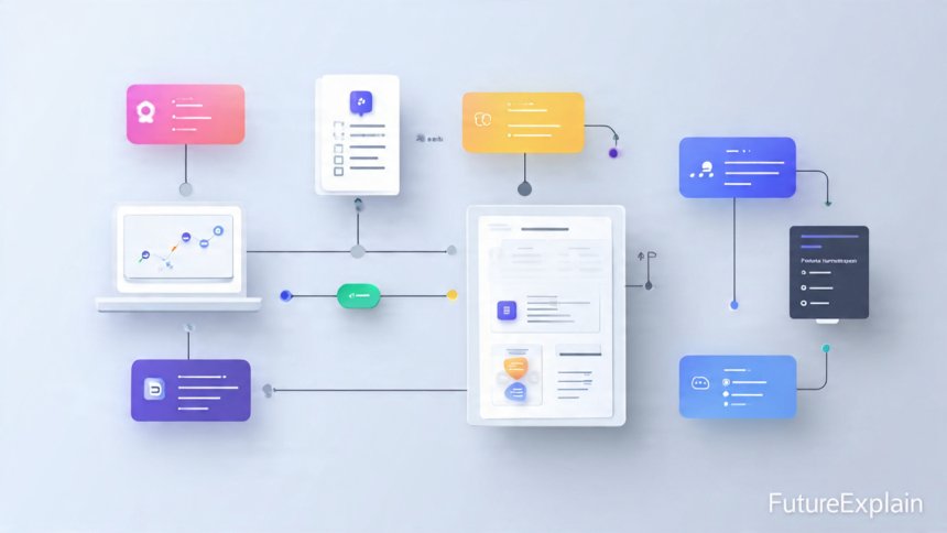Illustration of a no-code automation flow: form -> automation tool -> spreadsheet -> notification, FutureExplain watermark.