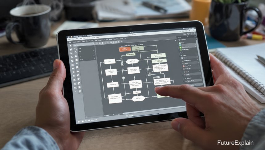 Close-up of hands interacting with a tablet showing a visual automation builder, FutureExplain watermark.