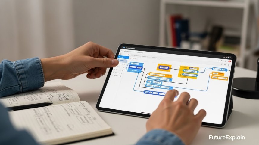 Close-up of hands using a tablet with a visual automation builder interface, FutureExplain watermark.